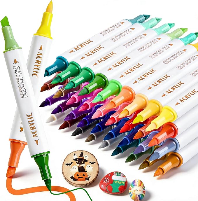 72 Colors Acrylic Paint Markers, 36 Pack Dual Tip Chisel & Fine Permanent Art Paint Pens Set, Coloring Markers for Adult Book Drawing, Rock, Stone, Fabric, Art Supplies Marker Kit for Illustration DIY