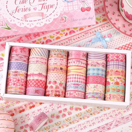 icceemee 36 Rolls Sweet Pink Theme Washi Tape Set with Different Colorful Patterns, Writable Decorative Tapes for Scrapbooking, Junk Journal Supplies, Bullet Journaling, 0.39'' x 79'' per Roll
