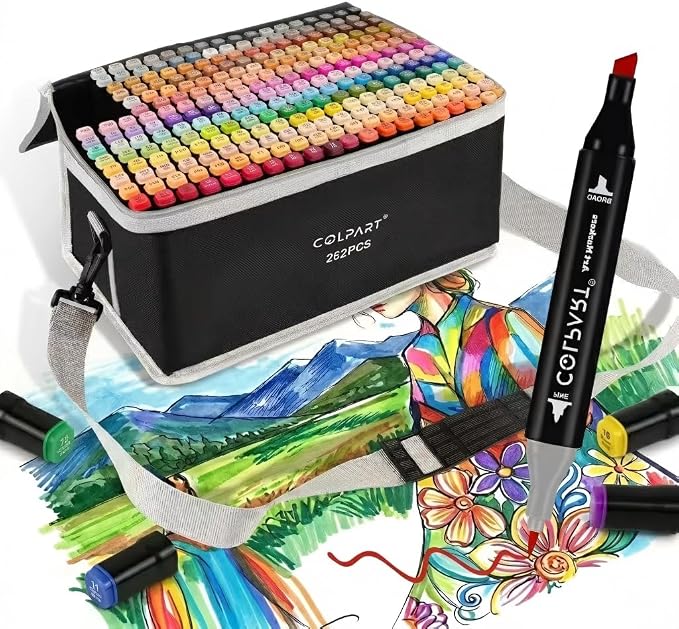 colpart 262 Colors Alcohol Markers Set Dual Tip Art Marker Pens with Pen Holder and Carry Bag for Adult Coloring Painting Supplies Perfect for Painting, Coloring, Sketching and Drawing