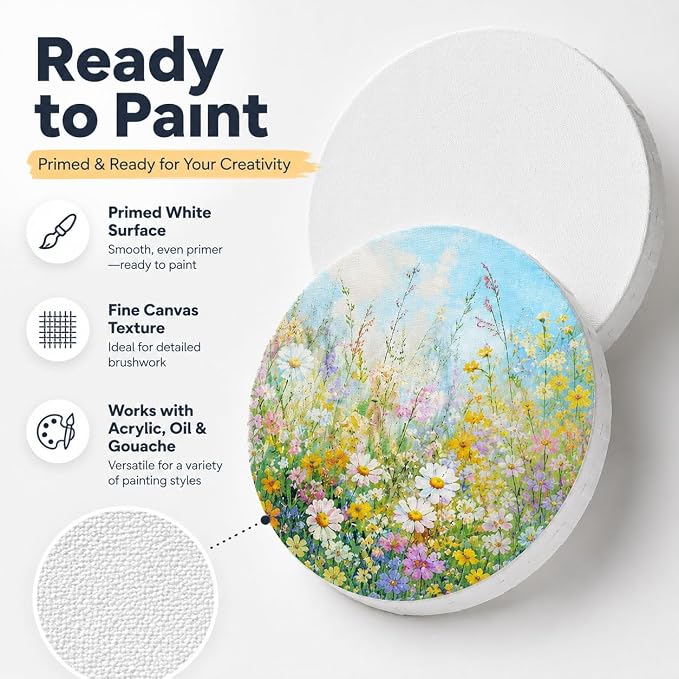 10 Pack Stretched Canvas for Painting, 12 Inch Round Canvas Panel, Circle White Art Canvas Panels, Cotton Primed Paint Blank Canvas for Oil, Acrylic, Gouache, Crafts