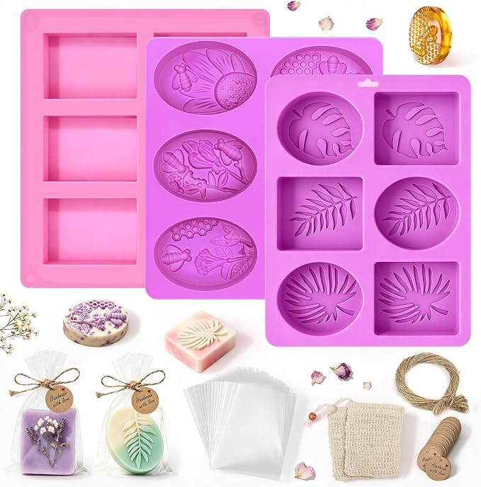 Mold for Handmade Soaps, 3 Pack Soap Molds with 50 Bags, 100 Labels, Twine & 2 Bubble Wrap Sheets, Silicone Soap Making Supplies for DIY Soap, Candle Making, Easy Release