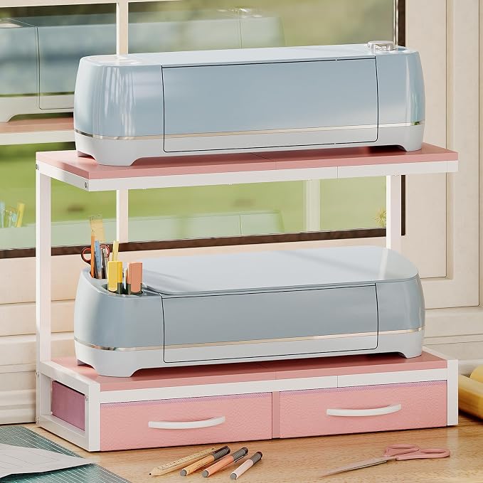 VENNQD Stand Compatible with Cricut Maker and Cricut Explore Air Series Stand Legs for 2 Cricut Machines Fully Open 2 Tier Desktop Craft Accessories Storage Organizer (Light Pink)
