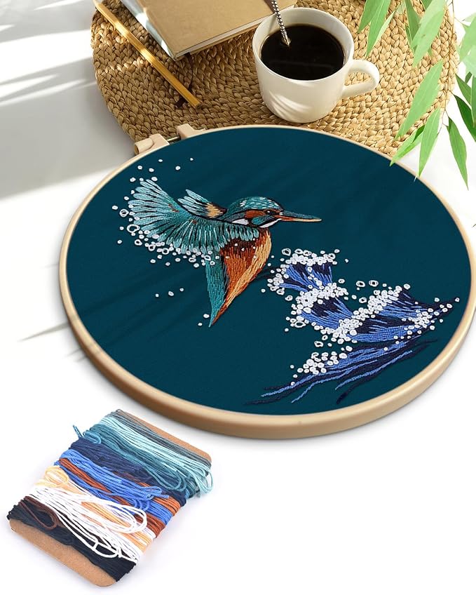 TINDTOP Embroidery Kit for Beginners Adult, Kingfisher Embroidery Kit for Beginners Include Embroidery Cloth Hoops Threads for Craft Lover Hand Stitch with Embroidery Skill Techniques | for Beginners Include Embroidery Cloth Hoops Threads for Craft Lov...