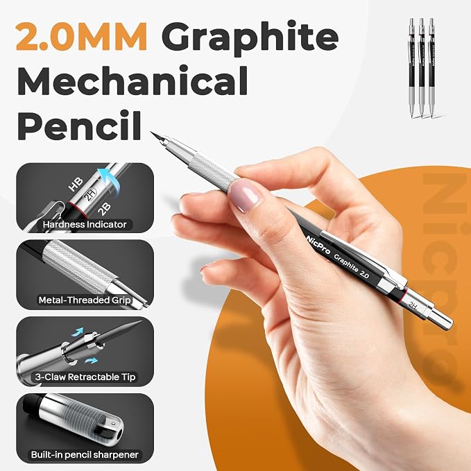Nicpro 37PCS Art Drawing Supplies Kit | Metal Mechanical Pencil Set 0.5, 0.7, 0.9 & 2mm, 100 Sheets 9x12 Sketch Book, 288PCS Leads, School Supplies Drawing Kit