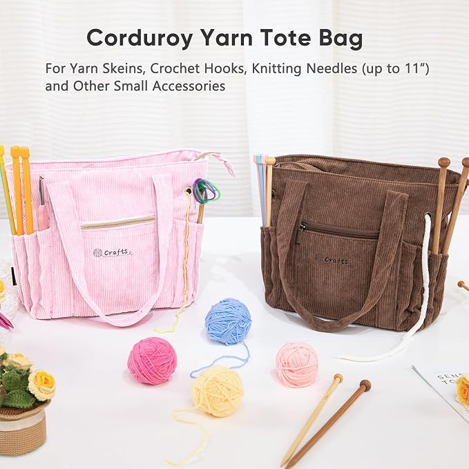 MYBAGZING Corduroy Crochet Bag 11.5" Large Yarn Storage Tote with Grommets, Needle Holders – Knitting Bag Organizer for Crochet Hooks, Accessories, Tools & Projects –Gift for Knitters & Crafters
