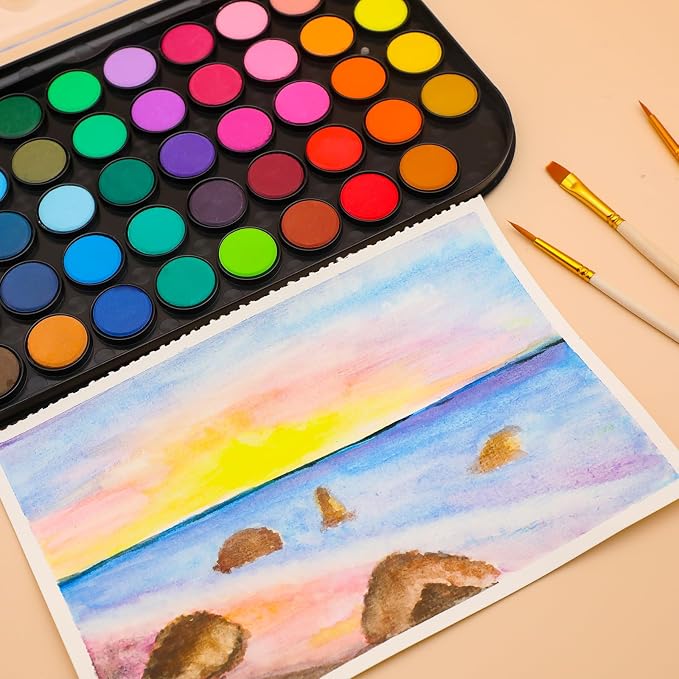Artecho 48 Colors Watercolor Paint Set, 3 Brushes | Washable Pan Watercolor, Travel Portable Design, for Card Making, Illustrations, Painting
