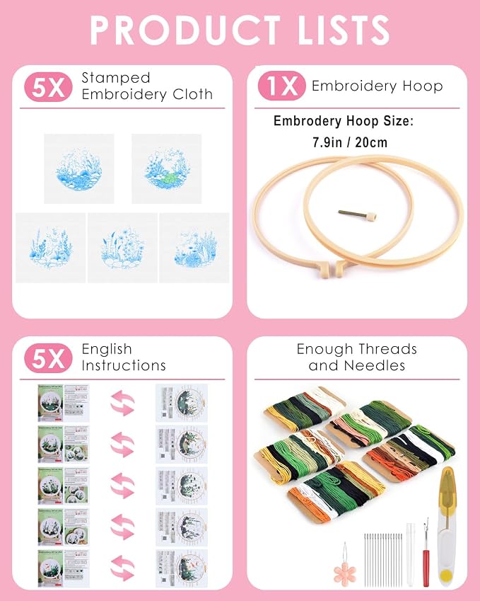 TINDTOP 5 Pack Embroidery Kit for Adult, Embroidery DIY Starter Kit | with Fish World Stamped Patterns, Hoop, Tools, Colorful Threads with Needles, Instructions