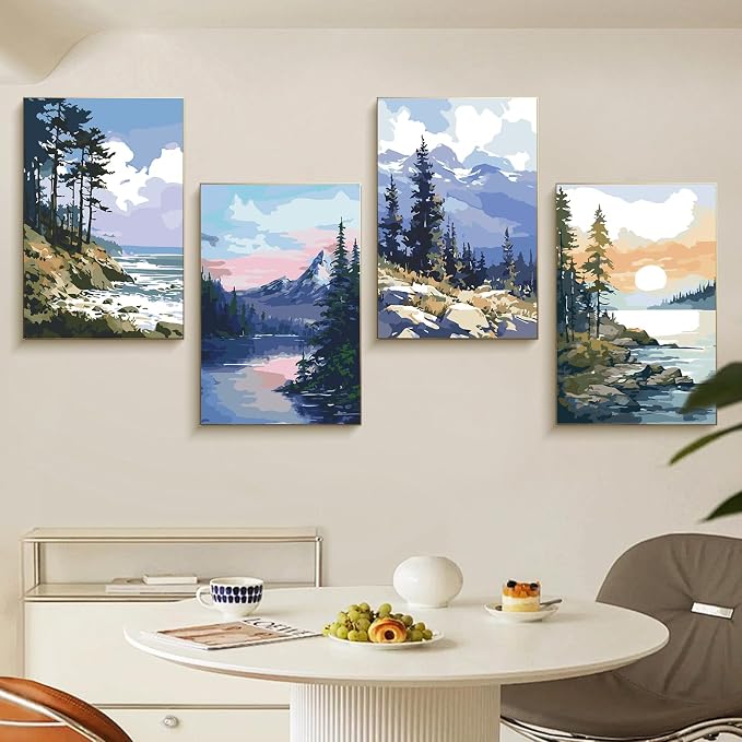 4 Pack Framed Paint by Numbers Kit for Adults Landscape with Wooden Easel | With Frame Canvas 8x12 IN, For Adults Beginner, DIY Acrylic Painting Mountain, Stress Relief Craft Kits, Home Wall Decor Gift