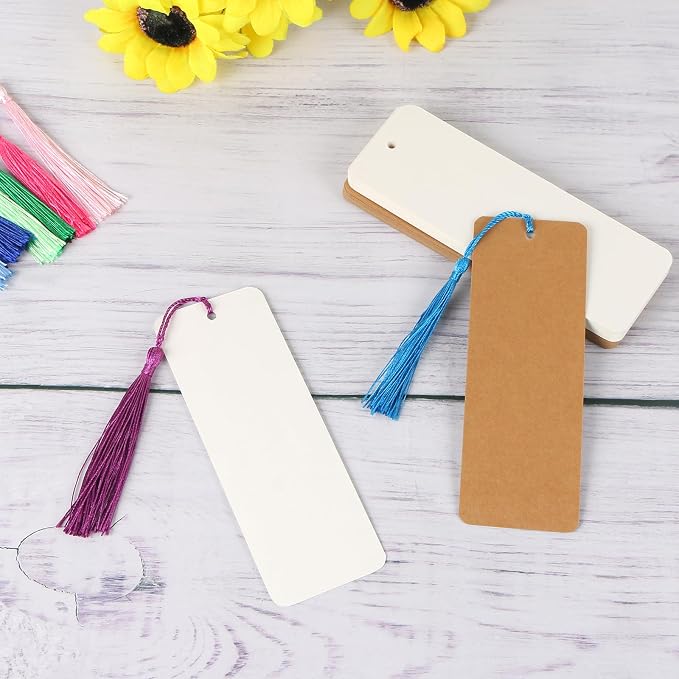 MIDELONG 40 Pcs Kraft Paper Blank Bookmarks with 40 Pcs Colorful Tassels DIY Craft Blank Cardstock Bookmarks for DIY Art Projects, School Supply, Gifts Tags 5.5x2 inch