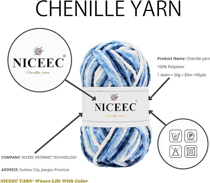 NICEEC 3 Skeins Soft Chenille Yarn 3 x85m (3X 93yds, 3X 50g)_Blue White