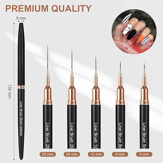 Artdone Metallic Nail Art Pens, Liner Brushes Set, 5PCS Black Nail Tools