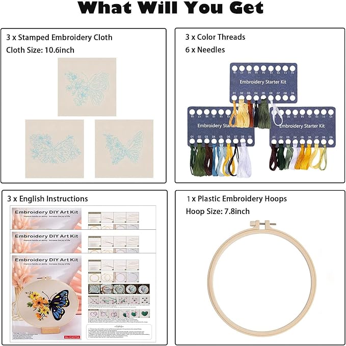 GLTAYLMY 3 Pack Embroidery Kits with Butterfly Pattern for Beginner Adults,Cross Stitch Kits with 1 Plastic Embroidery Hoops,Needles and Color Threads,Needlepoint Kit for Adults