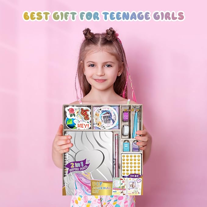 PERRYHOME 2-Pack DIY Journal Kit for Girls - 200+Pcs Journal Set for Teen & Tween Girls, Journaling Art & Crafts Kits, Birthday Gifts for 8 9 10 11 12 13 14 Year Old Girl