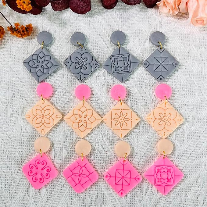 Xaekicr 8PCS Tile Pattern Polymer Clay Cutters Set – Mediterranean Geometric Clay Cutters and Textured Molds, Clay Tools for Polymer Clay Jewelry and Crafts