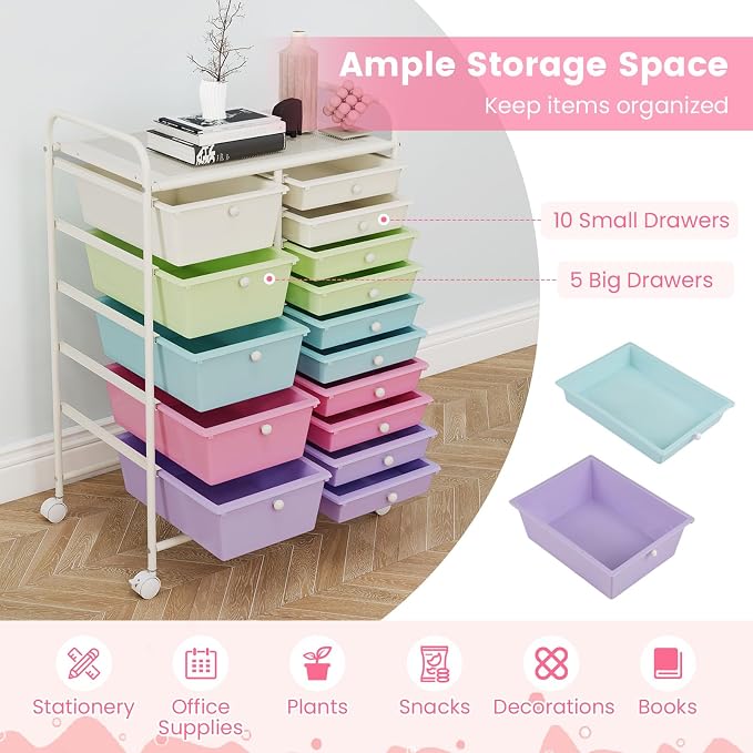 LDAILY 15 Drawer Rolling Storage Cart, Rolling Cart with Drawers for Classroom, Art Supply Craft Organizer on Wheel with Metal Frame & Handles for Home Office School (Ice cream color, 15 Drawer)