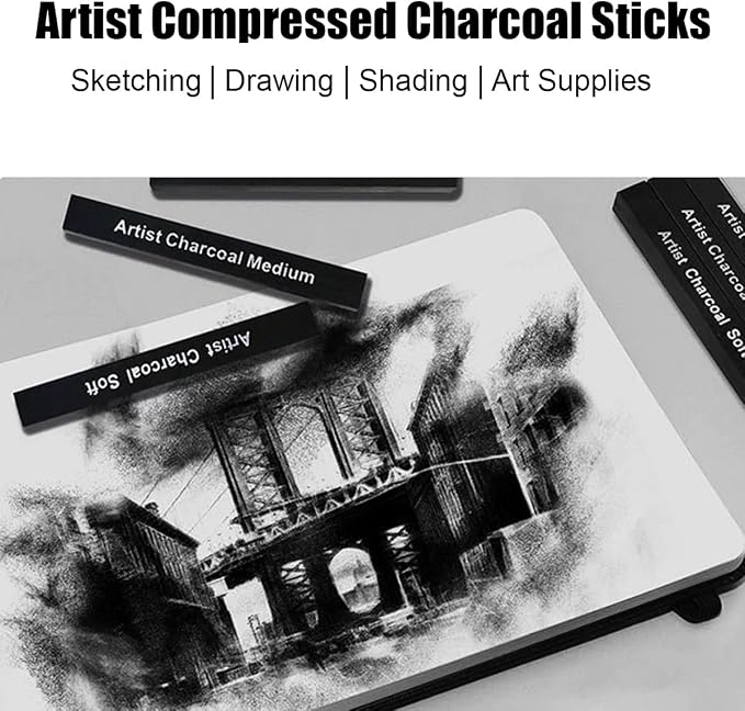 Compressed Charcoal Sticks 6 PCS, Kneaded Rubber Erasers Large Size 2 Pack, Square Vine Charcoal Rod Set of 8 for Back to School DIY Drawing Crafts, Sketching, Shading, Beginners and Artists