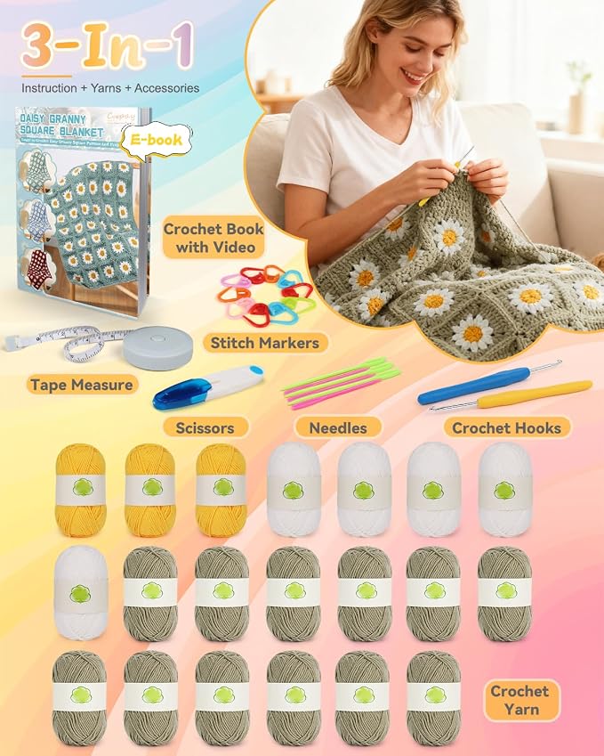 Coopay Crochet Kit for Beginners, Granny Square Crochet Blanket Kit, Camel | Crochet Kit W/Video Tutorial & Digital Instructions, All Accessories Included, Easy Knitting to Create Granny Square Blanket