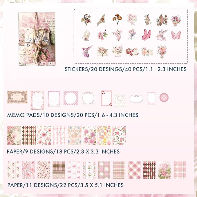 OKUPAN Scrapbook Supplies Kit – 100PCS Vintage Cottagecore Floral Scrapbook Paper & Stickers, 4 Sizes Pastoral Scrapbooking Supplies for Journaling, Card Making & DIY Gifts (Pink)