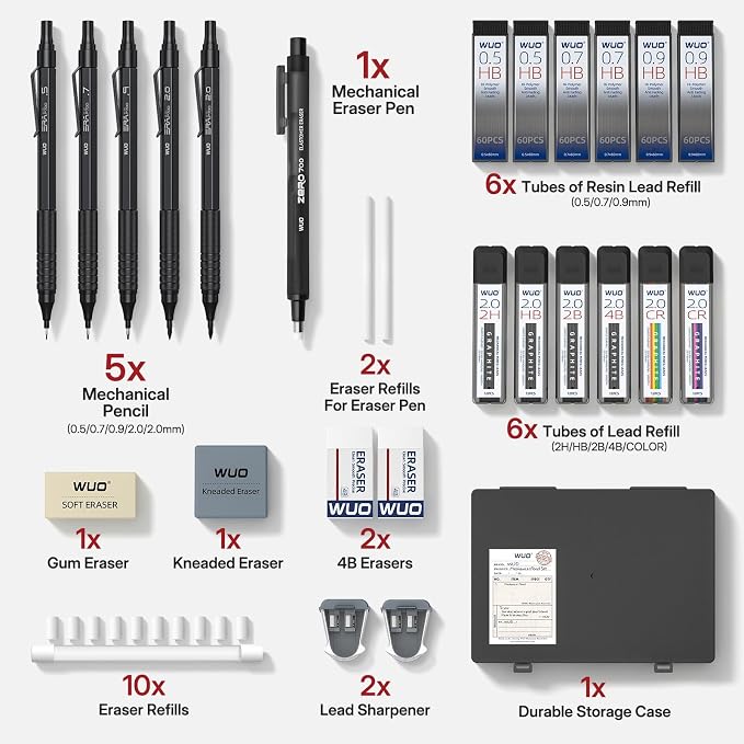 WUO Mechanical Pencil Set, 5 Pack Drafting Pencils 0.5/0.7/0.9/2.0/2.0mm