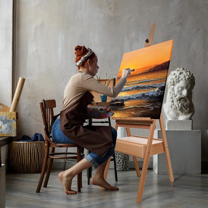 Beech Wood H-Frame Easel, 59"–75" Adjustable Height Studio Easel with Drawer & Shelf, 41" Canvas Holder 20KG Load, Heavy Duty Art Easel for Adults Artists Students Painting Display
