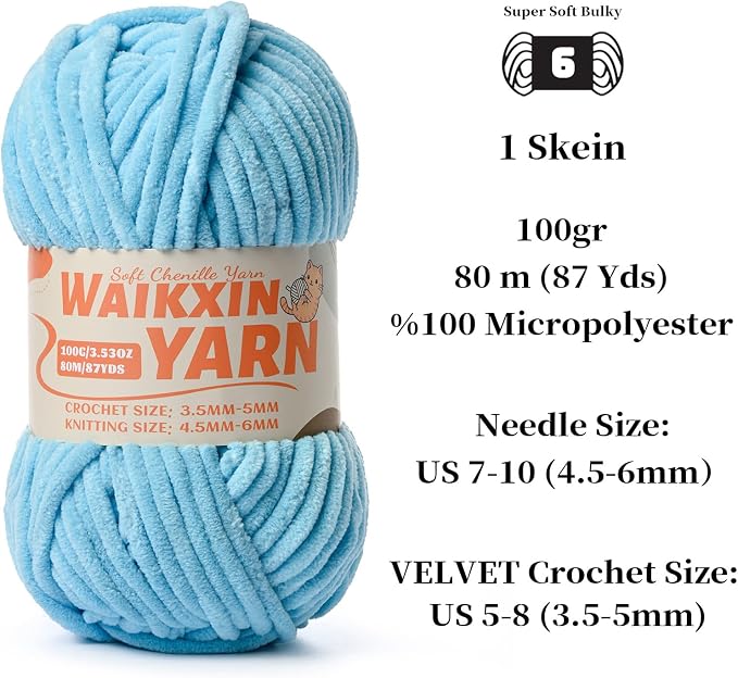 （2 Azure） 2 Pack Super Soft Fuzzy Chenille Chunky Yarn for Crocheting, 200g (175yds) Fluffy Velvet Yarn for Hand Knitting Baby Blankets Weaving Craft