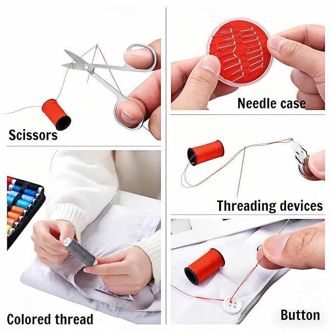 Portable Sewing Kit with 14 Threads & Scissors, Mini Travel Sewing Kit for Beginners & Adults, Emergency Sewing Set for Travelers, Gifts for Grandma Mom Friends, Compact Sewing Accessories (Black)