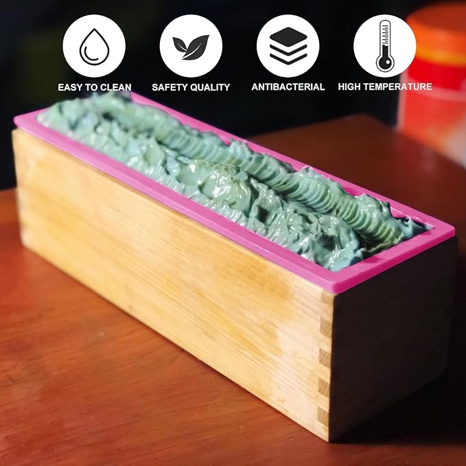 6 Packs 42oz Soap Loaf Wood Box for Soap Making, Pink Premium Silicone Loaf Soap Mollds with Wooden Box and Lid, Ideal for Large Size Homemade Soaps, Flexible and Heat Resistant