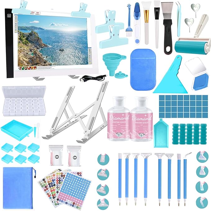 NLXCXUCY 158pcs Diamond Art Accessories Kit All-Inclusive Diamond Painting Tool Set with A4 Diamond Painting Light Pad,Diamond Art Sealer Glue,Diamond Correction,Pens Storage Box for DIY Craft