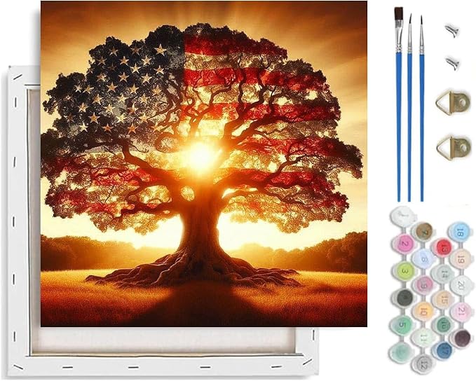 American flag Paint by Numbers Kit for Adults Beginner with Framed,Tree of Life Easy Adult Paint by Number Kits on Canvas DIY Painting for Beginners Art by Numbers for Home Wall Decor 10x10 Inch
