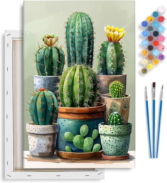 Cactus Framed Paint by Numbers Kit for Adults Beginner & Kids Ages 8-12 | With Frame Canvas 8x12 inch, DIY Acrylic Painting by Numbers Cactus Plant, Stress Relief Craft Kits, Home Wall Decor Gift