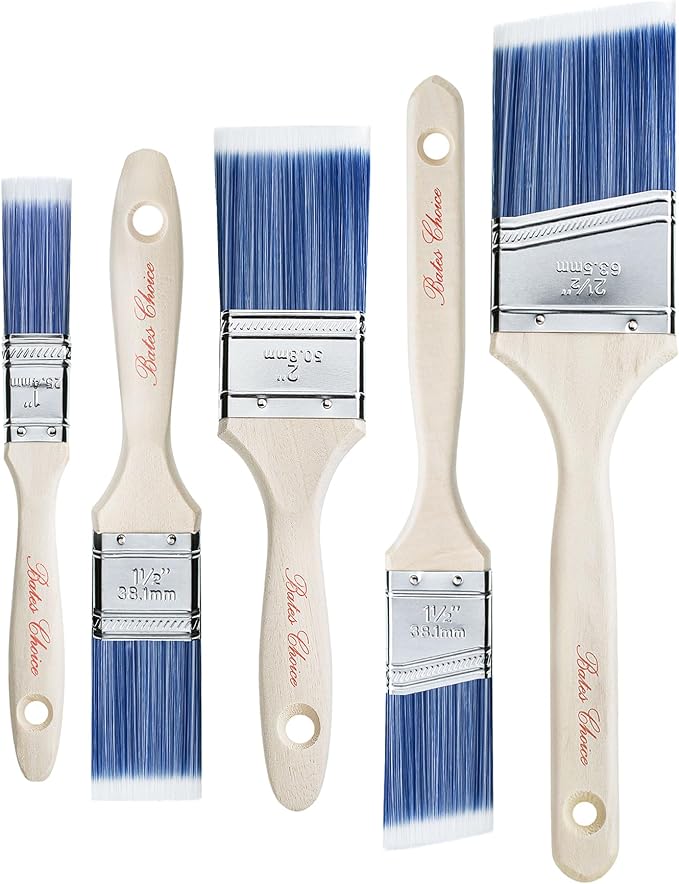 Bates Paint Brushes, 5 Pack - Flat & Angle Brushes, Assorted Sizes, Wooden Handle, for Walls & Furniture