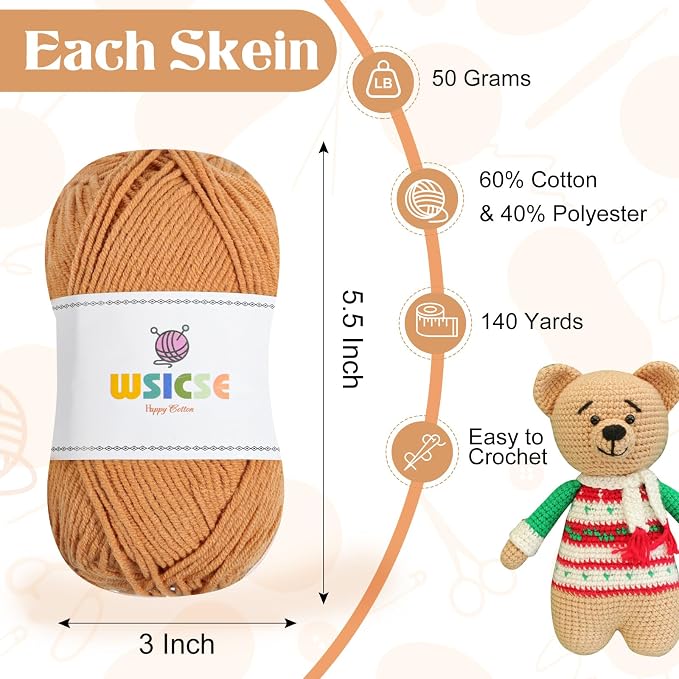 4 Pack Crochet Yarn, 560 Yard Soft Brown Yarn for Hand Knitting Decor Gifts | 60% Cotton, 40% Polyester; Soft Worsted Yarn; for Crochet and Knitting; 3-4 mm Needles, 2-3 mm Hooks