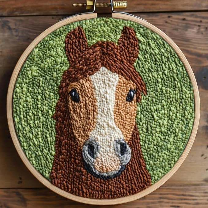 DIY Punch Needle Kits Brown Horse with Hoop 20x20cm-2 | with Pattern Stamped Easy for Beginners Embroidery Punch Needle Starter Craft Set for Adults Festival Gift and Decoration
