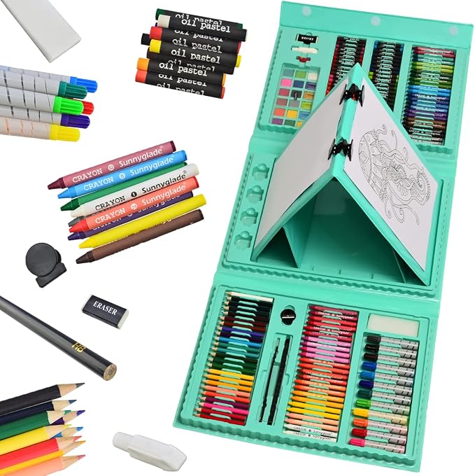 Sunnyglade 185 Pieces Double Sided Trifold Easel Art Set Art Supplies Green | Art Kit Drawing Art Box with Oil Pastels, Crayons, Colored Pencils, Markers, Paint Brush, Watercolor Cakes, Sketch Pad