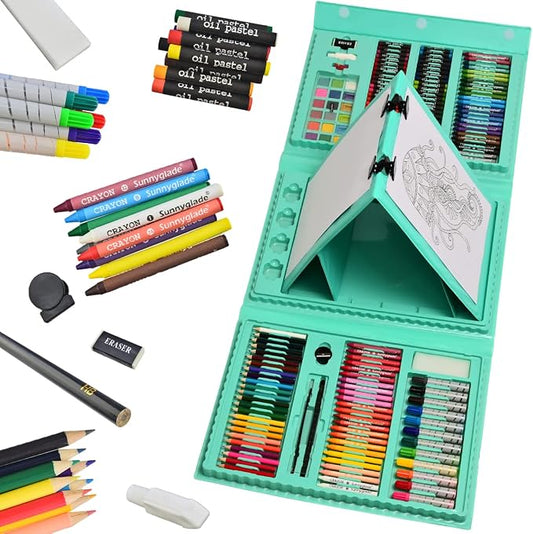 Sunnyglade 185 Pieces Double Sided Trifold Easel Art Set Art Supplies Green | Art Kit Drawing Art Box with Oil Pastels, Crayons, Colored Pencils, Markers, Paint Brush, Watercolor Cakes, Sketch Pad