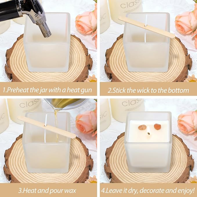 CONNOO 12 Pack 9oz Frosted Glass Square Candle Jars with Bamboo Lids