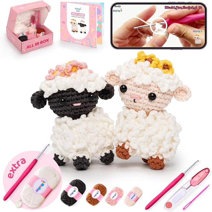 Mewaii Crochet Kit for Beginners, 2 Pack Lambs Craft Set | 40% Extra Yarn, Video Tutorial, Pre-Started Piece, Beginner Friendly, Family Craft Gift for Adults & Kids