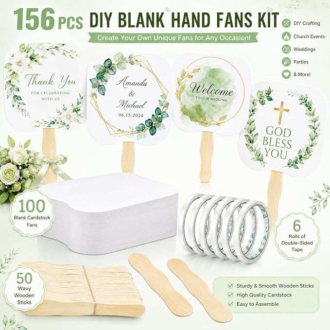 156 PCS DIY Blank Hand Fans Kit, 100 Cardstock Paper Fans with 50 Wavy Wooden Handles & 6 Rolls of Double-Sided Tape for Church, Wedding, Party, Custom Decoration & Craft Projects