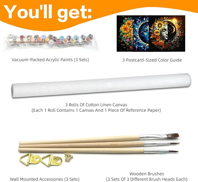 Axquilon 3 Packs Sun and Moon Paint by Numbers Kit for Adults 12x12in