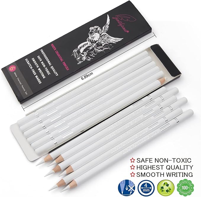 GETHPEN White Charcoal Pencils Set, Sketch High-light Pencils, 6 Pieces | White Charcoal Sketch Pencils, White Chalk Pencils for Drawing, Sketching, Shading, Blending, Beginners & Artists