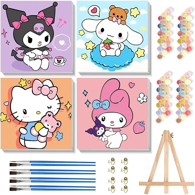 4 Pcs Cartoon Paint by Numbers Kit for Kids Ages 8-12 with Frame and Easel | Cute Kids Paint by Numbers Ages 4 8 12 for Girls Boys Gifts, Easy DIY Acrylic Oil Painting for Home Wall Decor (8x8 inch)