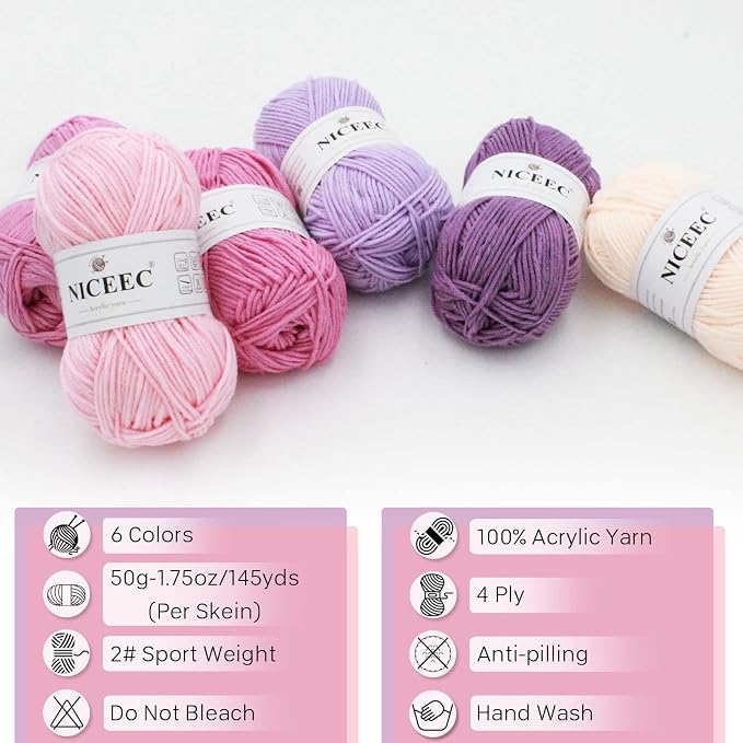 NICEEC 300g Soft Assorted Colors Yarn 100% Acrylic 870yds -Purple Series