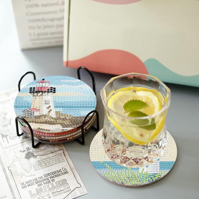 askkqtx 8 Pcs Beach Diamond Art Coasters Kits with Holder 4X4 Inch