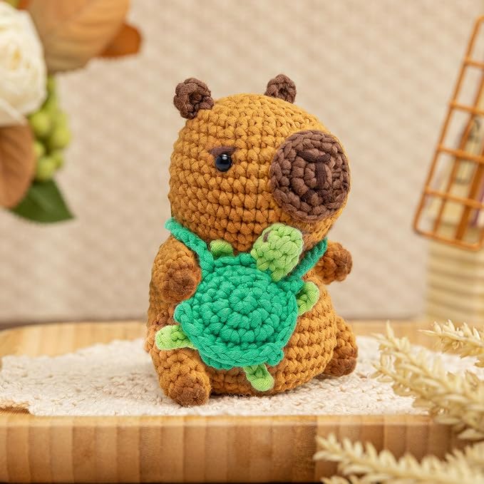 Mewaii Capybara Crochet Kit for Beginners, 40% Extra Yarn | Video Tutorial, Pre-Started Piece, Gift Box, Level 1 Starter Kit, Family Craft for Adults, Kids & Beginners