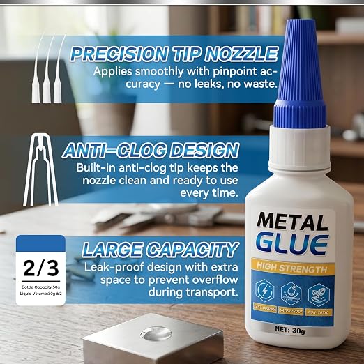 Metal Glue, Super Glue for Metal 30g Heavy Duty Instant Adhesive, Fast Drying Clear CA Adhesive for Stainless Steel, Aluminum, Iron, Jewelry Repair, DIY Crafts, Waterproof Strong Bonding