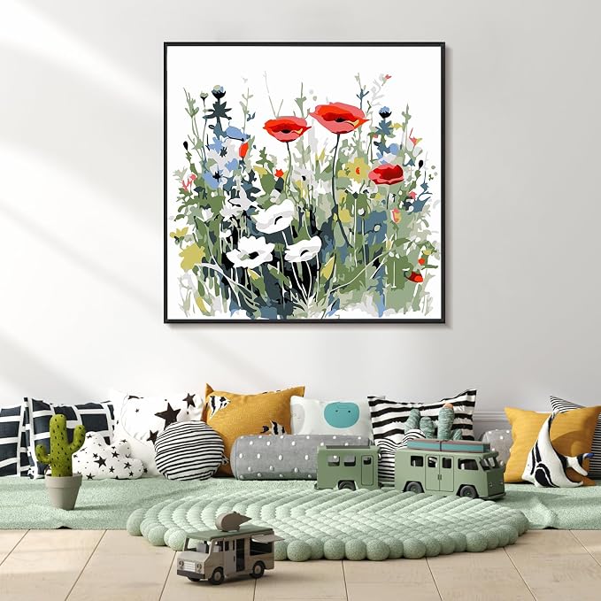 Yezavesu Flower Framed Paint by Numbers Kit for Adults Beginner & Kids Ages 8-12, Wildflowers Paint by Number Without Easel, DIY Adult Paint by Numbers Flowers for Home Wall Decor Gift 10x 10 inch | With Frame Canvas 10x10 IN, Without Easel, DIY Acryli...