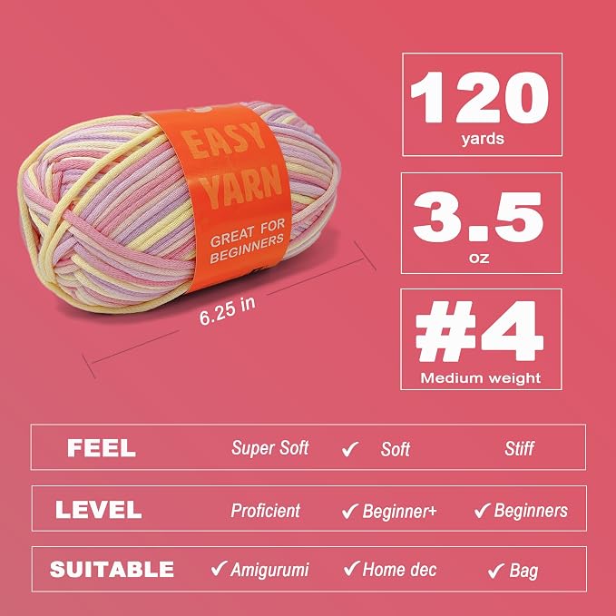 3.5Oz/120yds Beginner Easy Yarn for Crocheting and Knitting;Worsted-Weight Medium #4;Cotton Blend Yarn for Beginners Amigurumi DIY(Macaron,1 Skein)