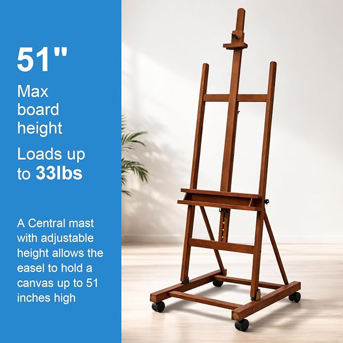 Falling in Art Large H-Frame Studio Artist Easel, Holds up to 51'', Brown