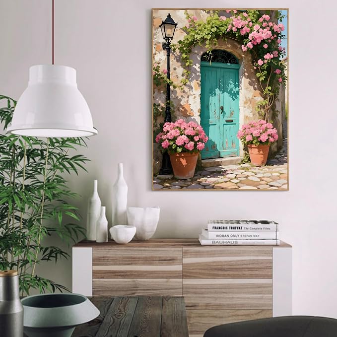 pchmcu DIY Streetscape Paint by Numbers Kits for Adults,Flower Door Scenery Paint by Number for Adults Beginner,Paint by Numbers Kits on Canvas Without Frame for Home Wall Decor 16x20inch