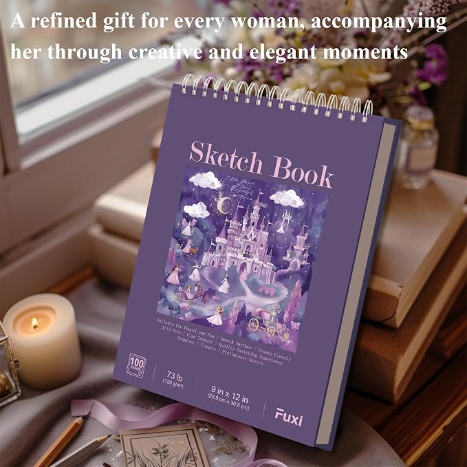 Purple Sketch Book for Women - 9"x12" Girls Sketchbook, 100 Sheets (73lb/120gsm) Drawing Paper for Kids, Art Supplies for Girls Ages 8-12, Beginners, and Adults, Mothers Day Gifts,1-Pack.